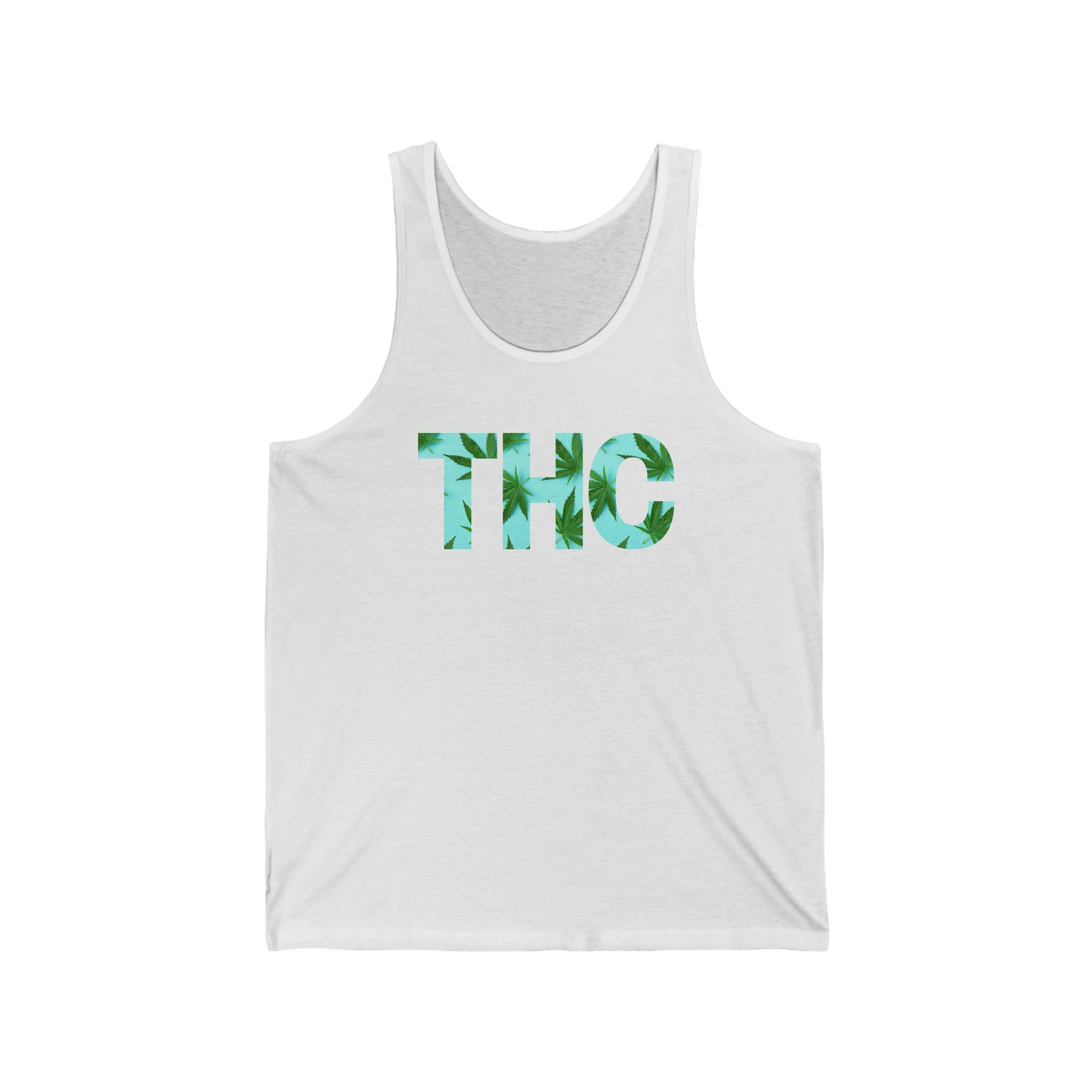 a white THC Marijuana Jersey Tank with the word thc on it.
