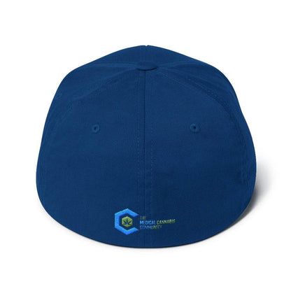 a royal blue snapback hat showing The Medical Cannabis Community logo and has The Medical Cannabis Community stitched next to the logo on back