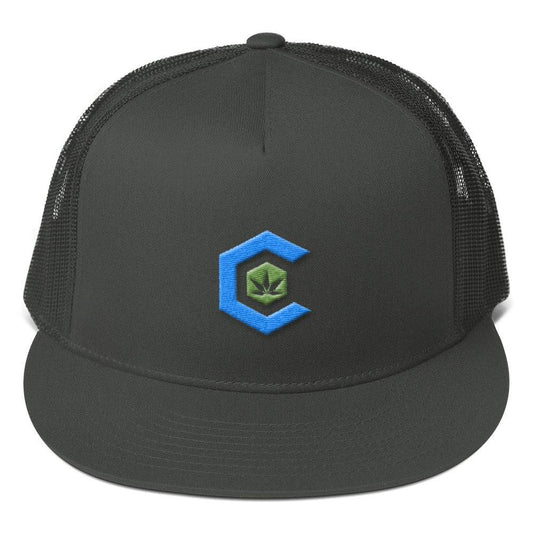 Black mesh snapback hat with blue The Cannabis Community logo