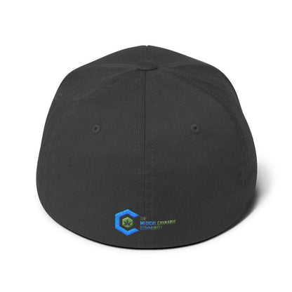 a dark grey snapback hat showing The Medical Cannabis Community logo and has The Medical Cannabis Community stitched next to the logo on back