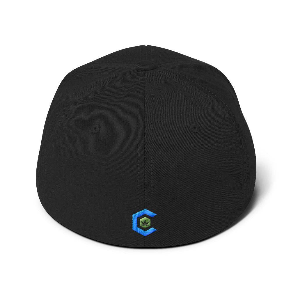 a black snapback hat showing The Medical Cannabis Community logo stitched on the back
