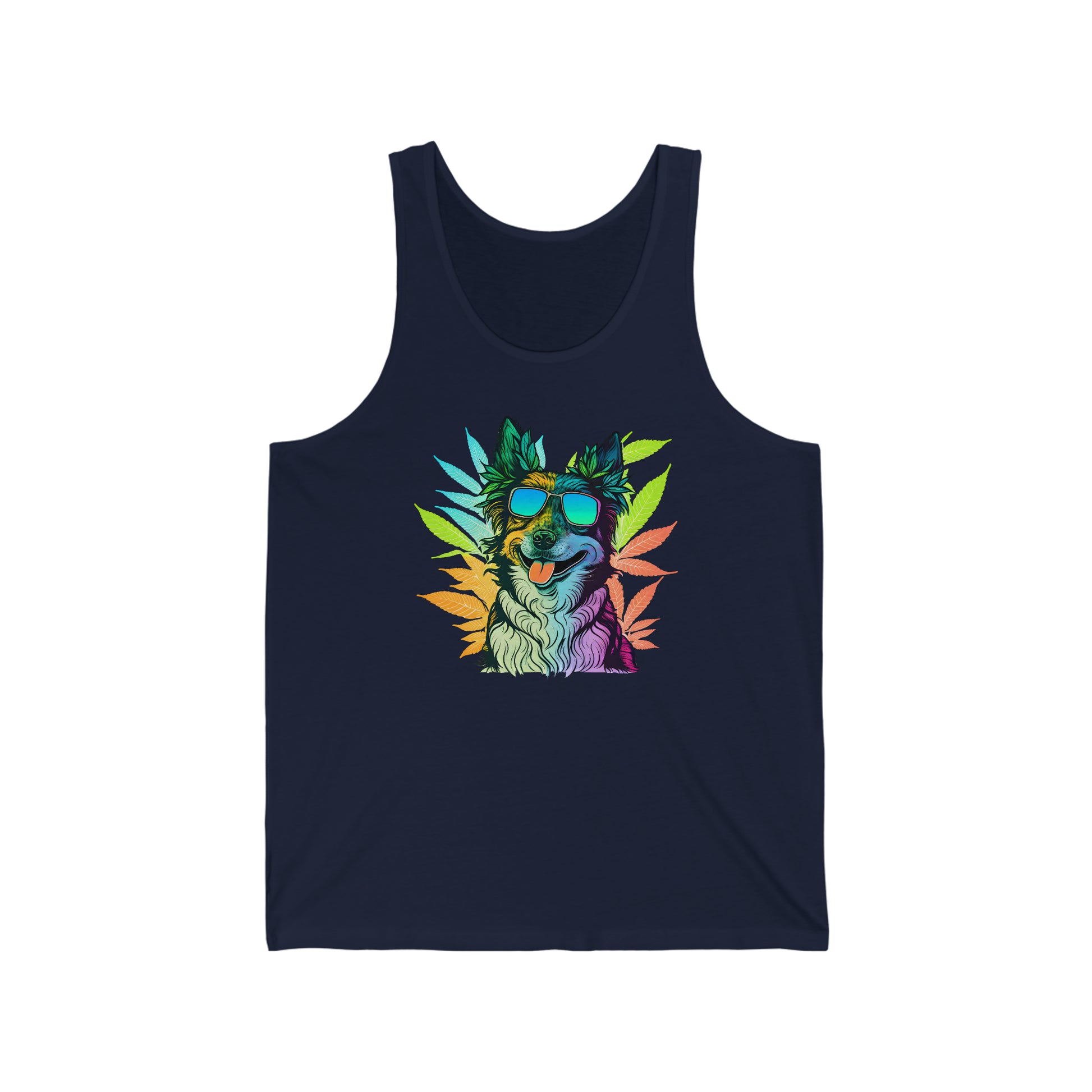 A navy blue border collie with weed leaves tank top 