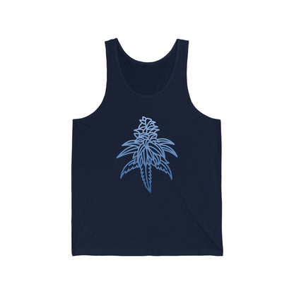 a Blue Dream Cannabis Jersey Tank with a blue leaf on it.