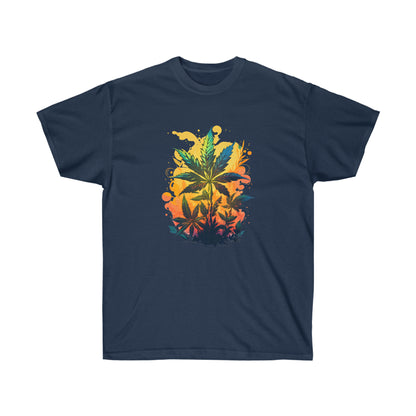 A navy, warm paradise cannabis t-shirt