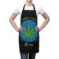 A woman wearing the black blue and green Not High, Just Well Chef's Apron with cannabis leaf