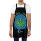 A man wearing the black blue and green Not High, Just Well Chef's Apron with cannabis leaf in the center