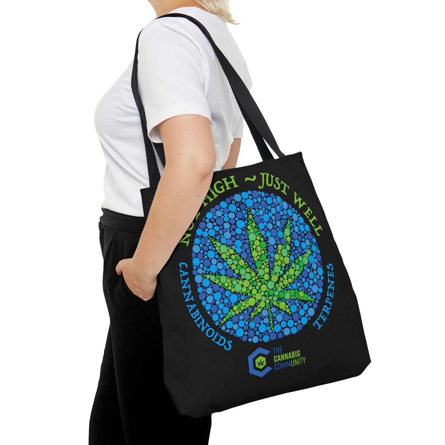 A woman is wearing the black Not High, Just Well Medical Cannabis Tote Bag