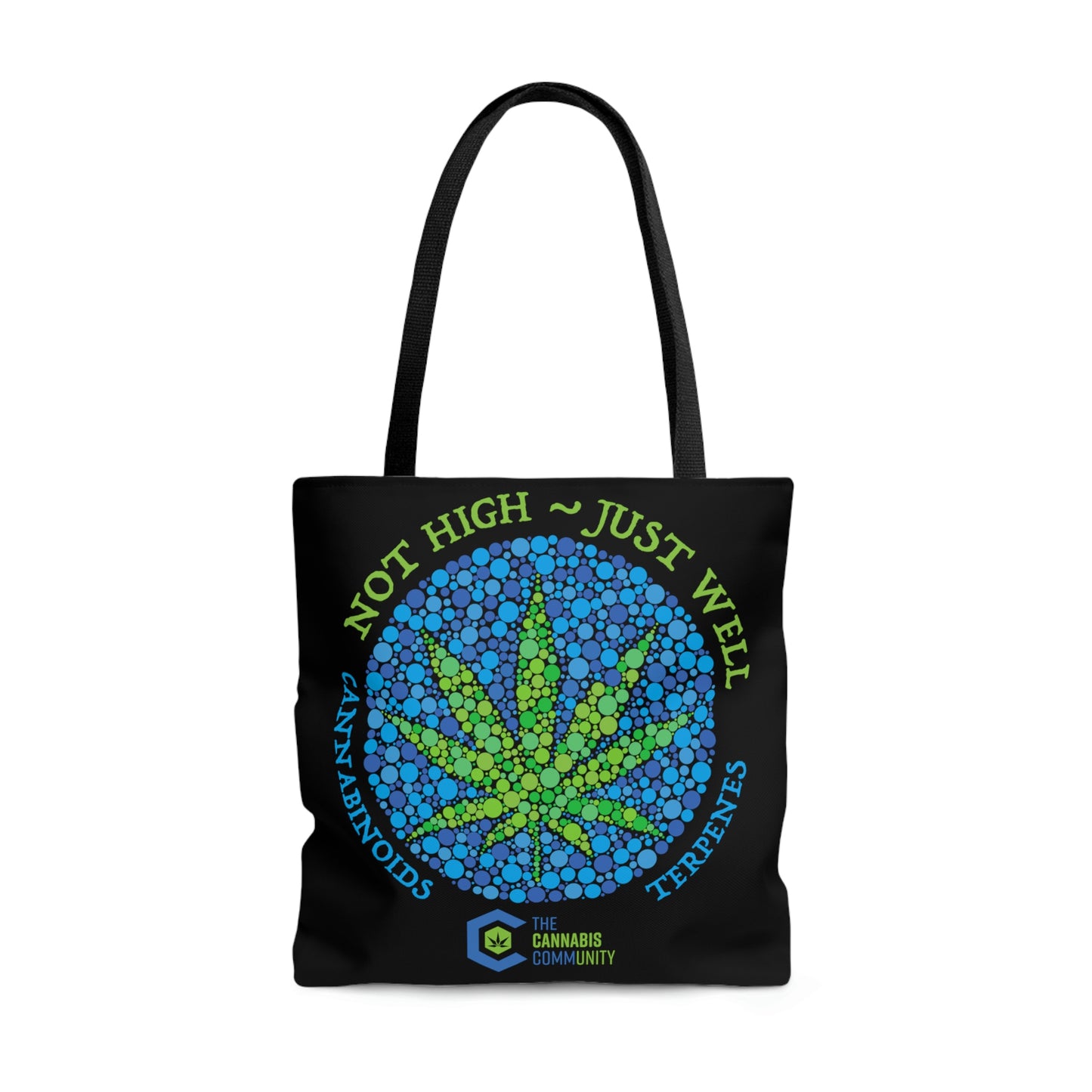 A mosaic design of a cannabis leaf is placed well with a blue mosaic background in the center of the Not High, Just Well Medical Cannabis Tote Bag