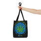A high definition photo of the black, green and blue Not High, Just Well Medical Weed Tote Bag