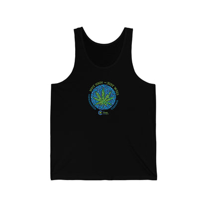 a Not High, Just Well Cannabis Jersey Tank with a green leaf on it.