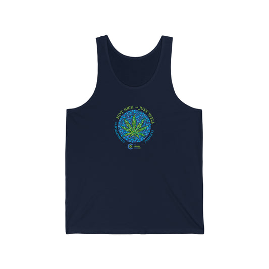 a navy Not High, Just Well Cannabis Jersey Tank with an image of a marijuana leaf.