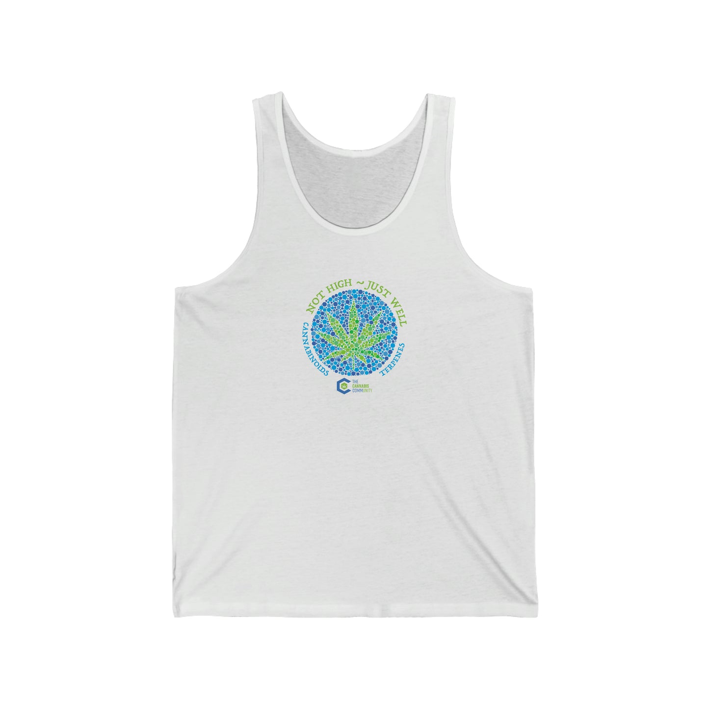 a white Not High, Just Well Cannabis Jersey Tank with an image of a marijuana leaf.