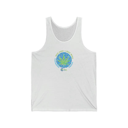 a white Not High, Just Well Cannabis Jersey Tank with an image of a marijuana leaf.