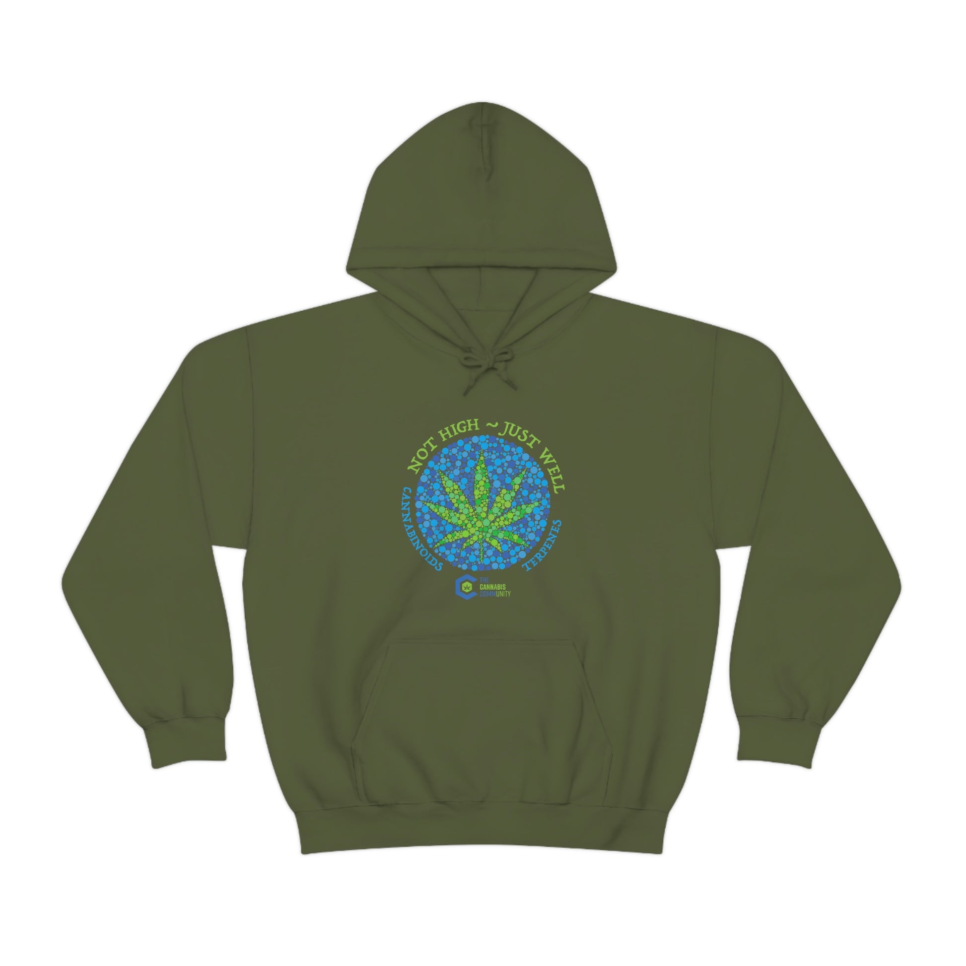 a Not High, Just Well Cannabis Hoodie with a marijuana leaf on it.