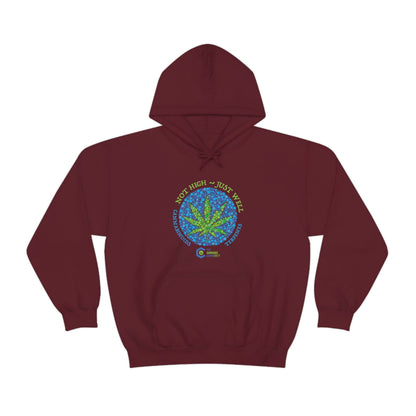 a Maroon Not High, Just Well Cannabis Hoodie with an image of a marijuana leaf.