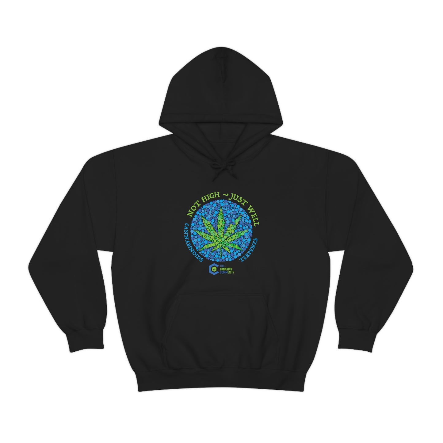 a black Not High, Just Well Cannabis Hoodie with a marijuana leaf on it.