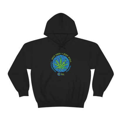 a black Not High, Just Well Cannabis Hoodie with a marijuana leaf on it.