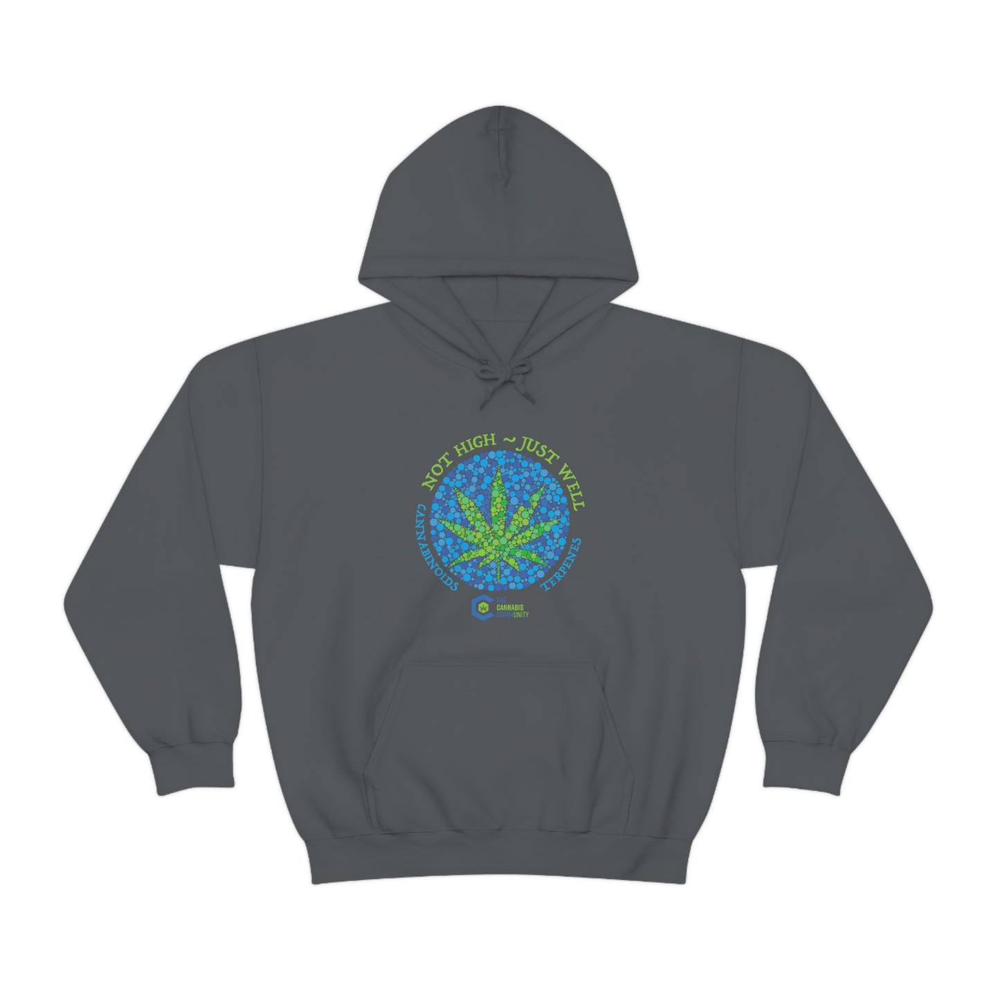 a charcoal gray Not High, Just Well Cannabis Hoodie with a marijuana leaf on it.