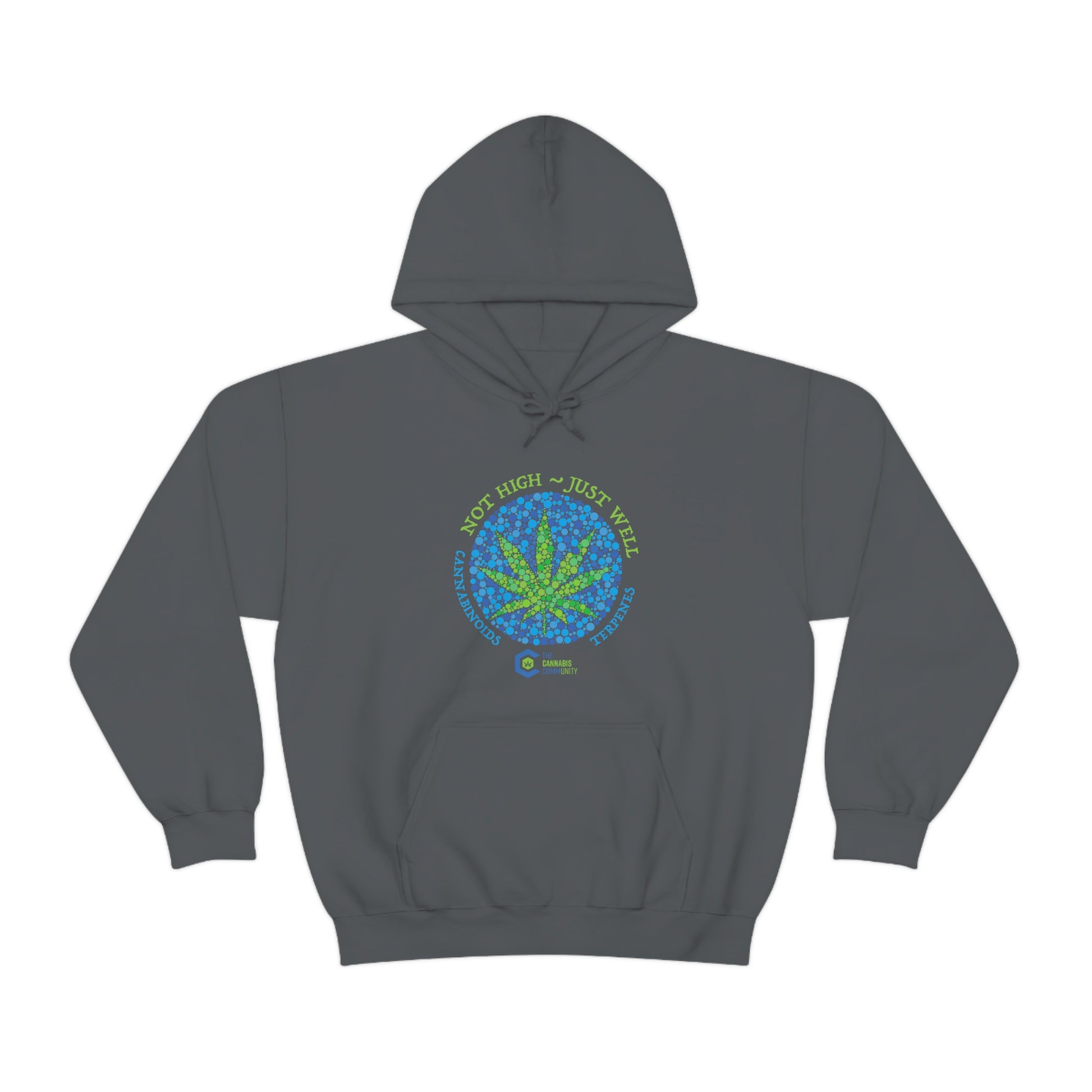 a charcoal gray Not High, Just Well Cannabis Hoodie with a marijuana leaf on it.