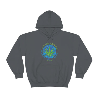 a charcoal gray Not High, Just Well Cannabis Hoodie with a marijuana leaf on it.