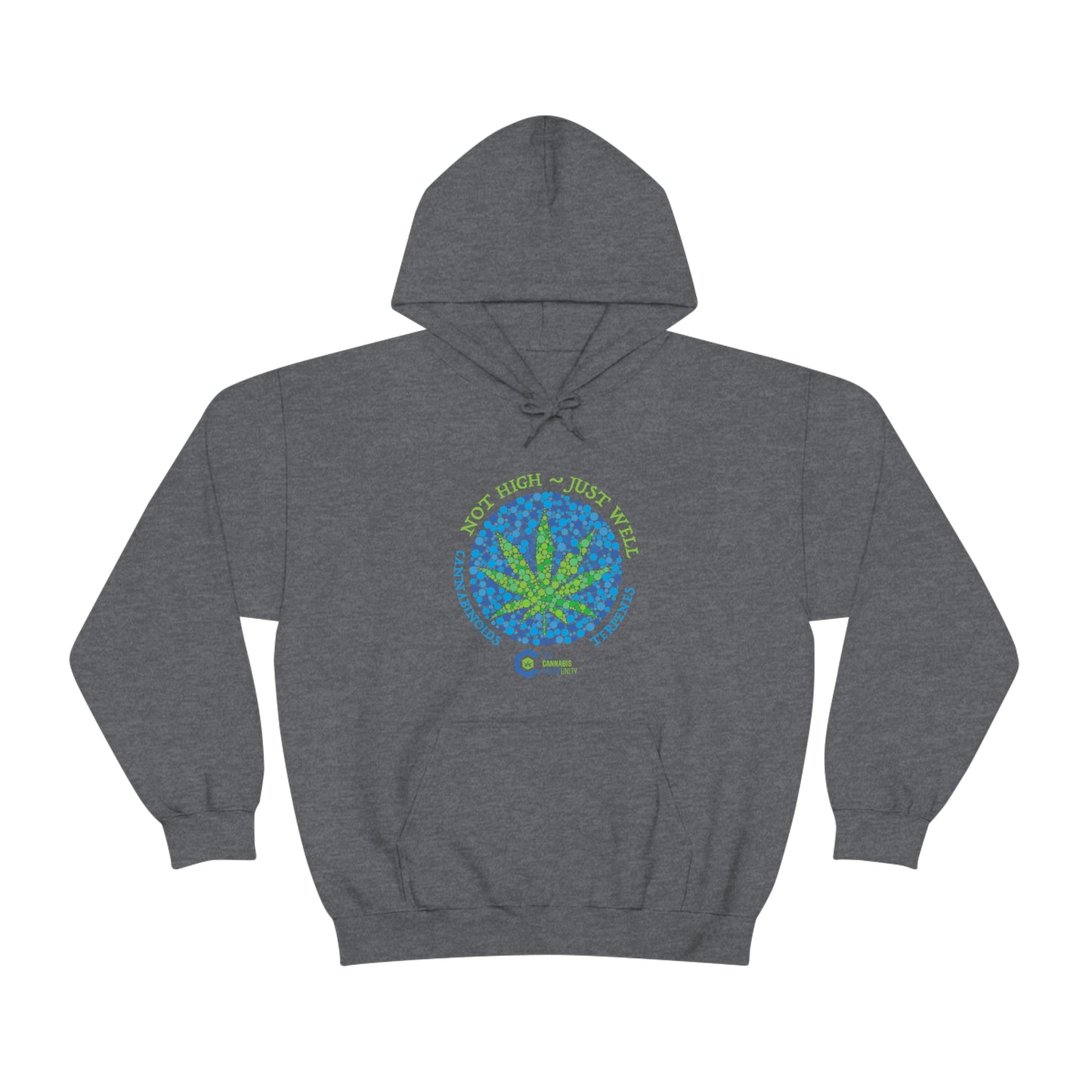 A Dark Heather, Not High, Just Well Cannabis Hoodie with a green and blue marijuana leaf on it.