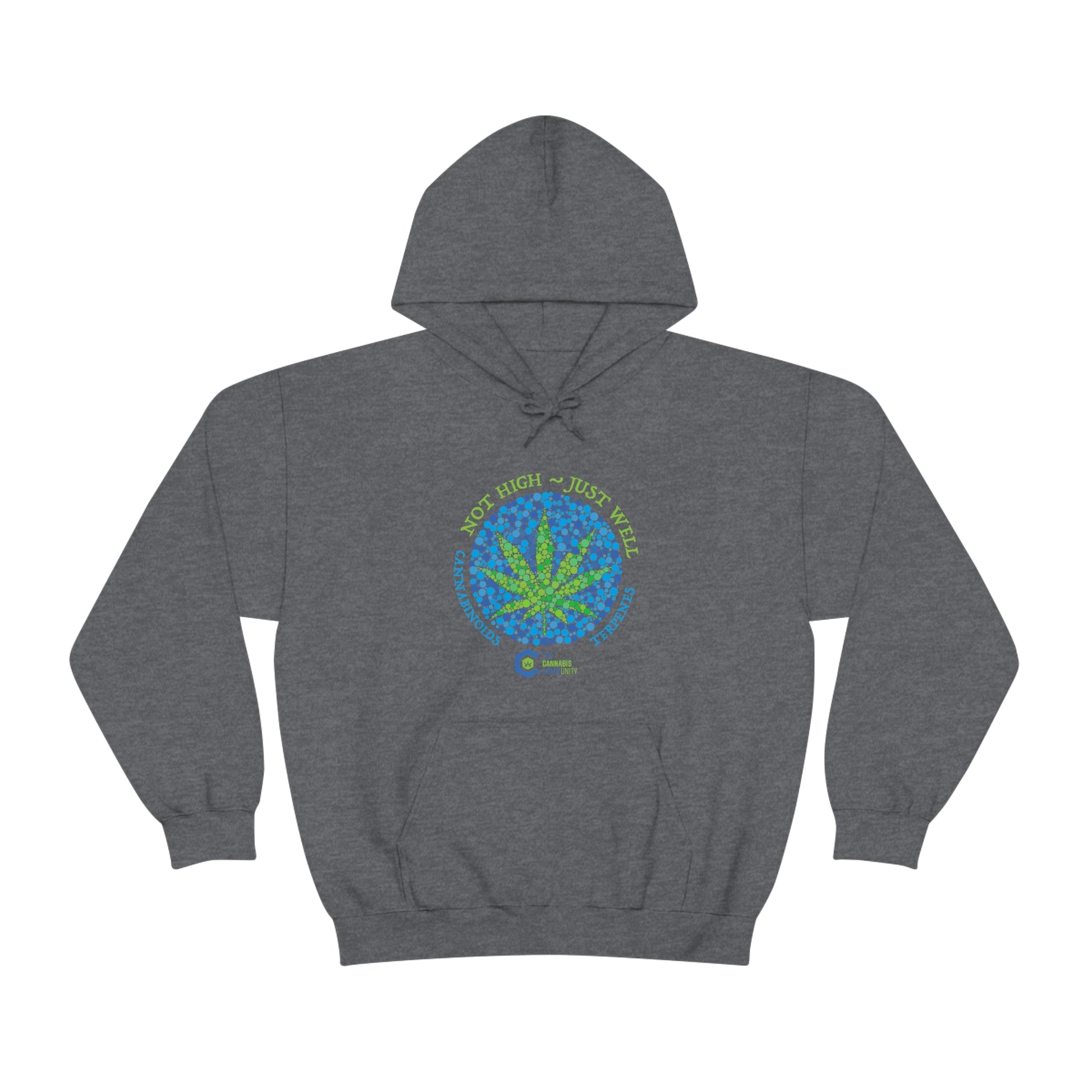 A Dark Heather, Not High, Just Well Cannabis Hoodie with a green and blue marijuana leaf on it.