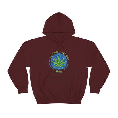 a maroon Not High, Just Well, weed hoodie with a marijuana leaf on it.