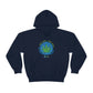 A navy blue Not High, Just Well Cannabis Hoodie with an image of a marijuana leaf.