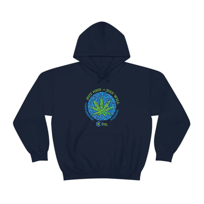 A navy blue Not High, Just Well Cannabis Hoodie with an image of a marijuana leaf.