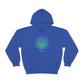 a blue Not High, Just Well Cannabis Hoodie with a marijuana leaf on it.