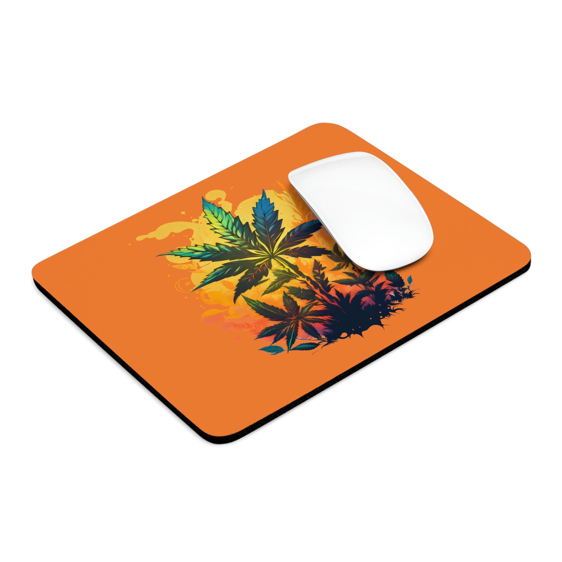 The square Cannabis Warm Paradise Mouse Pad is being used with white wireless mouse. 