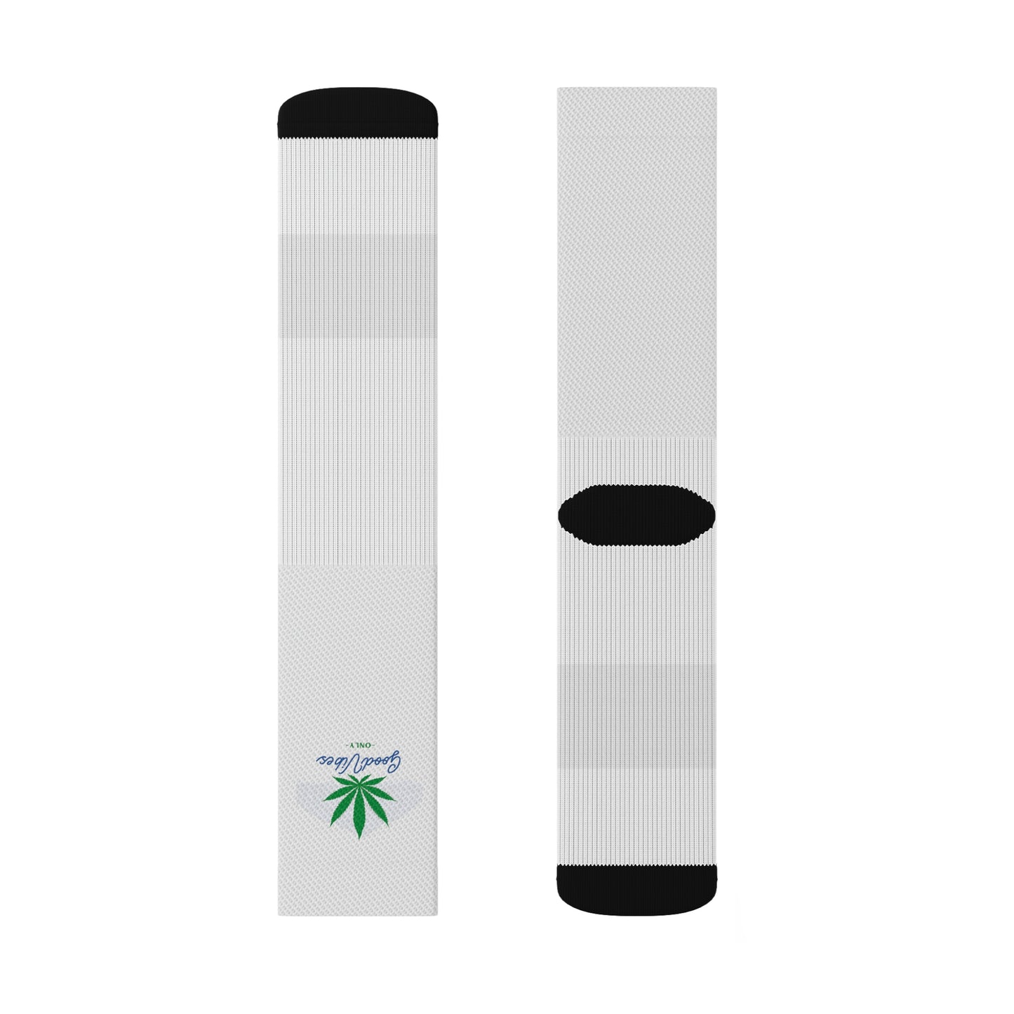 a pair of black and white stoner socks that show a weed leaf on the top front of the sock with a phrase below it that reads "Good Vibes" in the color blue and "Only" in the color green