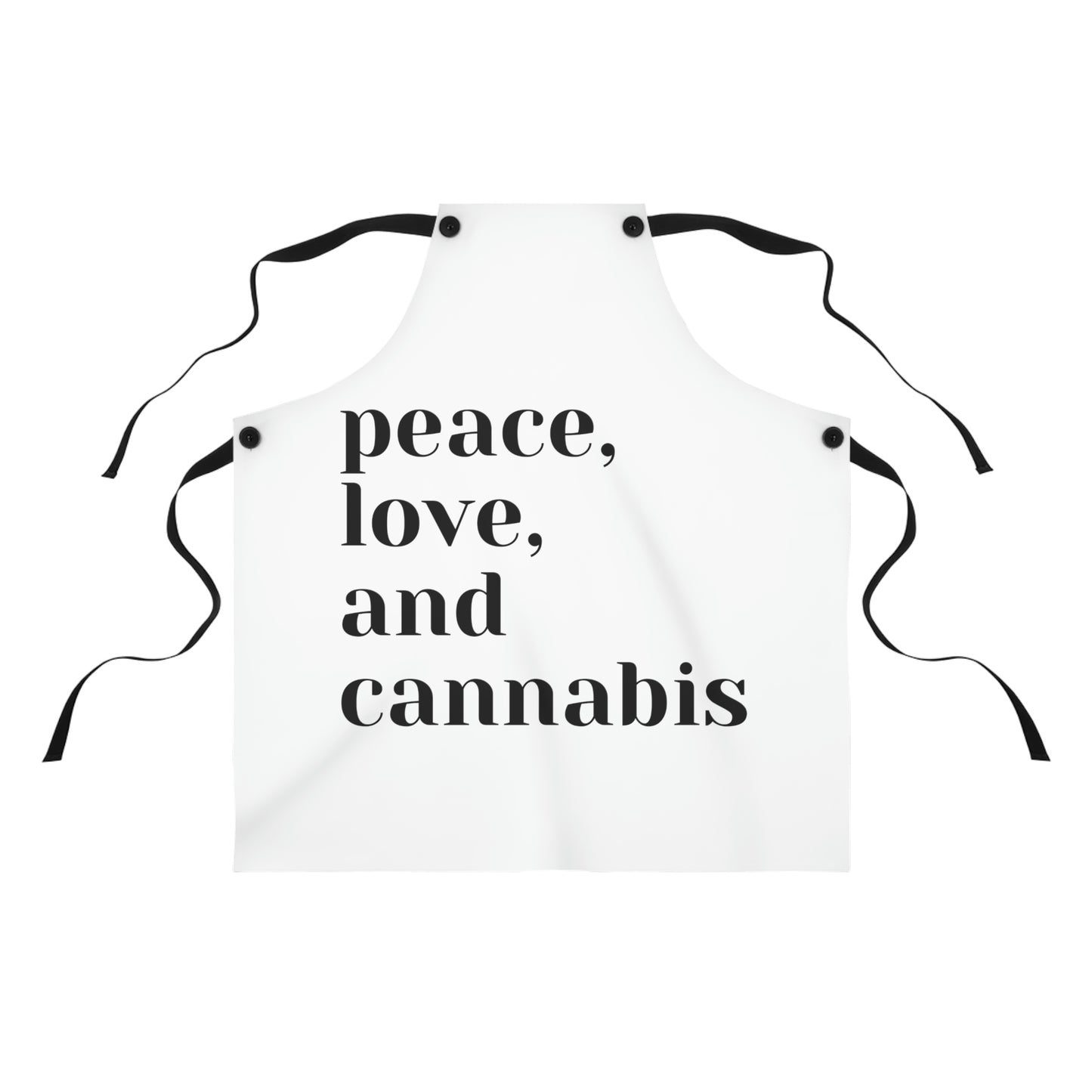 Close up of the Peace, Love, and Cannabis Apron