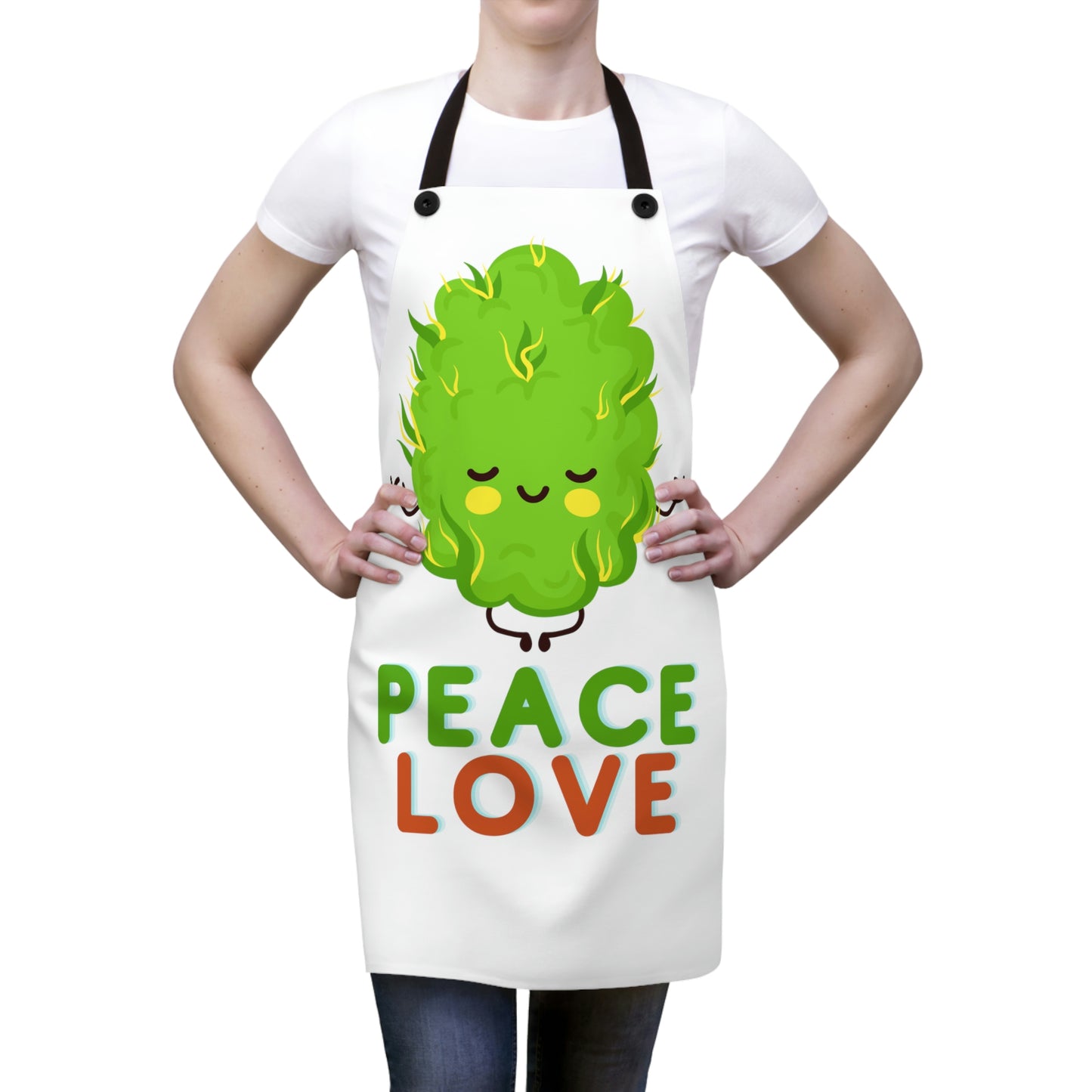 A woman has on the Peace, Love and Cannabis Nug Chef's Apron