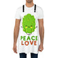 A man is standing straight while he wears the Peace, Love and Cannabis Nug Chef's Apron with green nug in the center above the lettering  