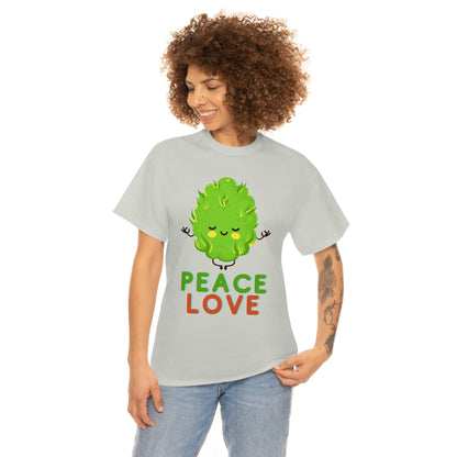 a woman wearing a Peace and Love Tee with a cartoon character on it.