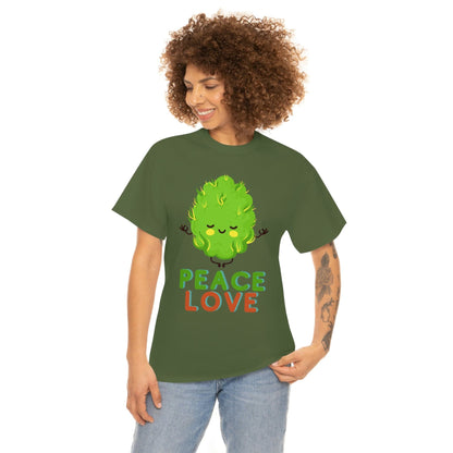 a woman wearing a green Peace and Love Tee.