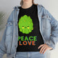 a woman wearing a green Peace and Love Tee.