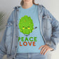 A woman wearing a blue Peace and Love Tee.