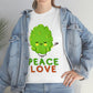 A woman wearing a green Peace and Love Tee.