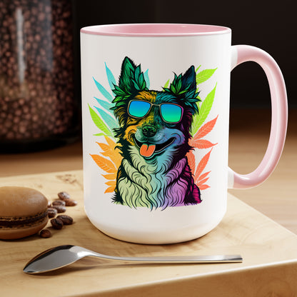 a Cannabis Border Collie Mug with an image of a dog wearing sunglasses.