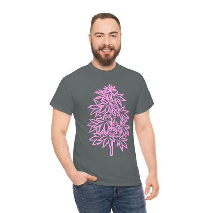 a man wearing a Pink Cannabis Flowers Tee with a pink marijuana leaf on it.