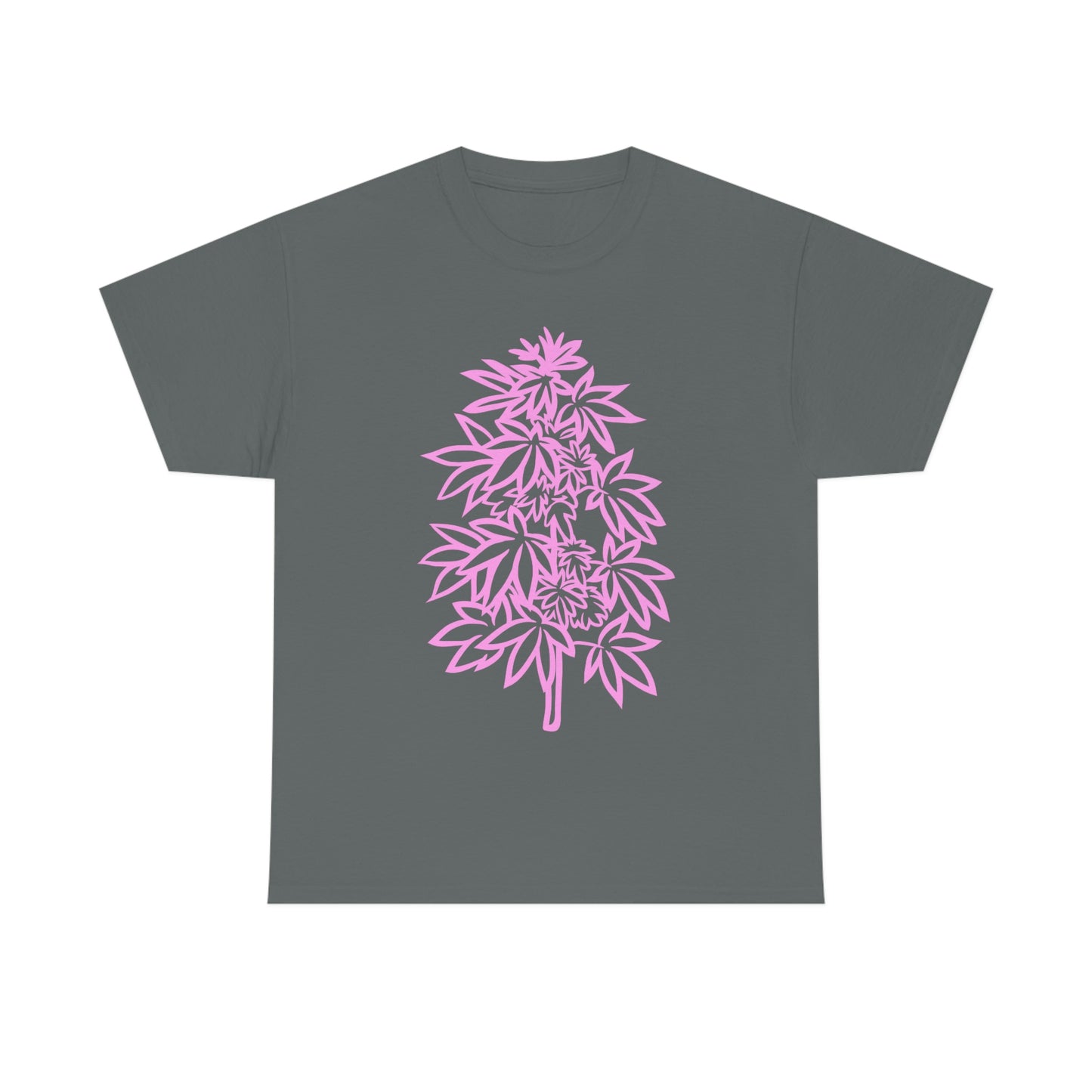 a grey Pink Cannabis Flowers Tee with a pink marijuana leaf on it.
