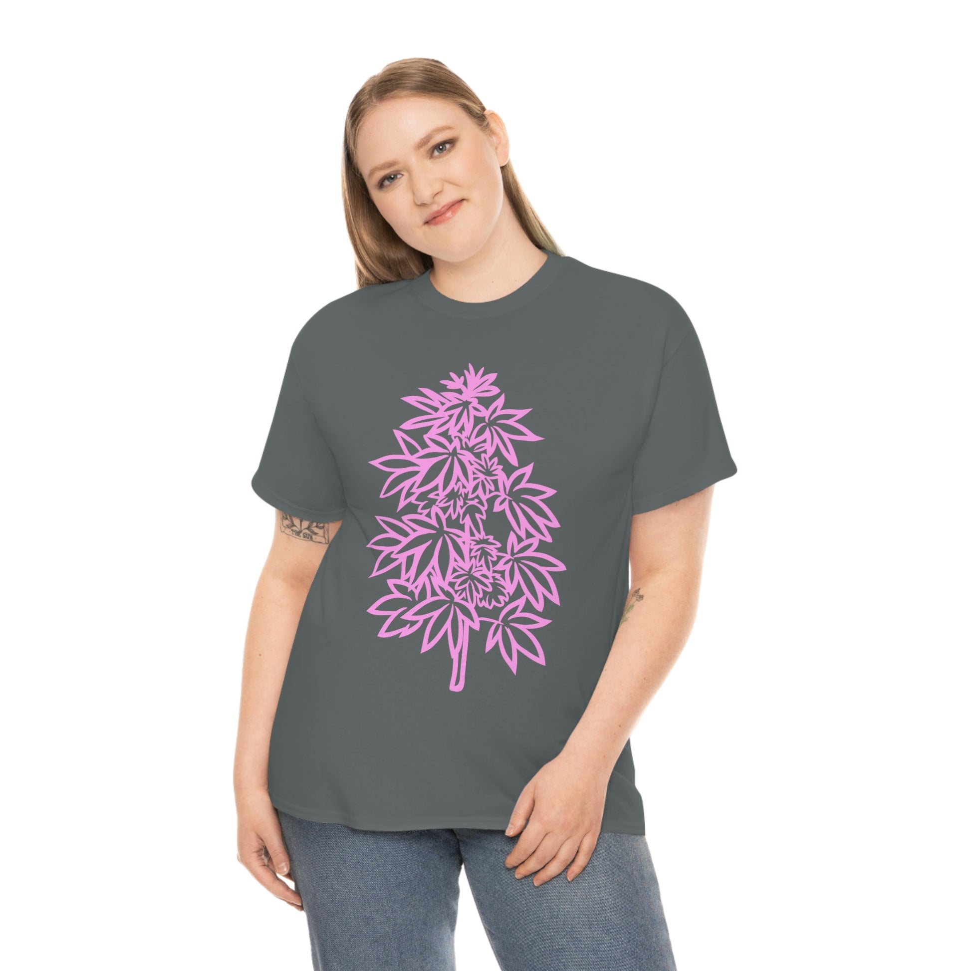 a woman wearing a Gray Pink Cannabis Flowers Tee.