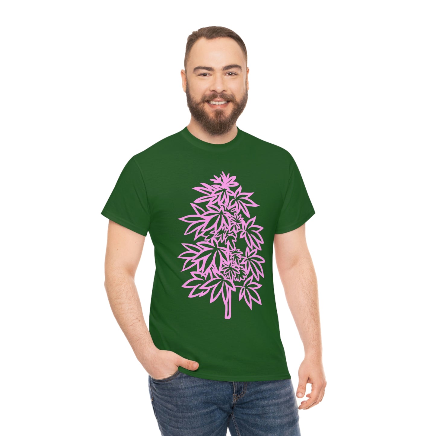 A man wearing a Pink Cannabis Flowers Tee with a pink marijuana leaf on it.