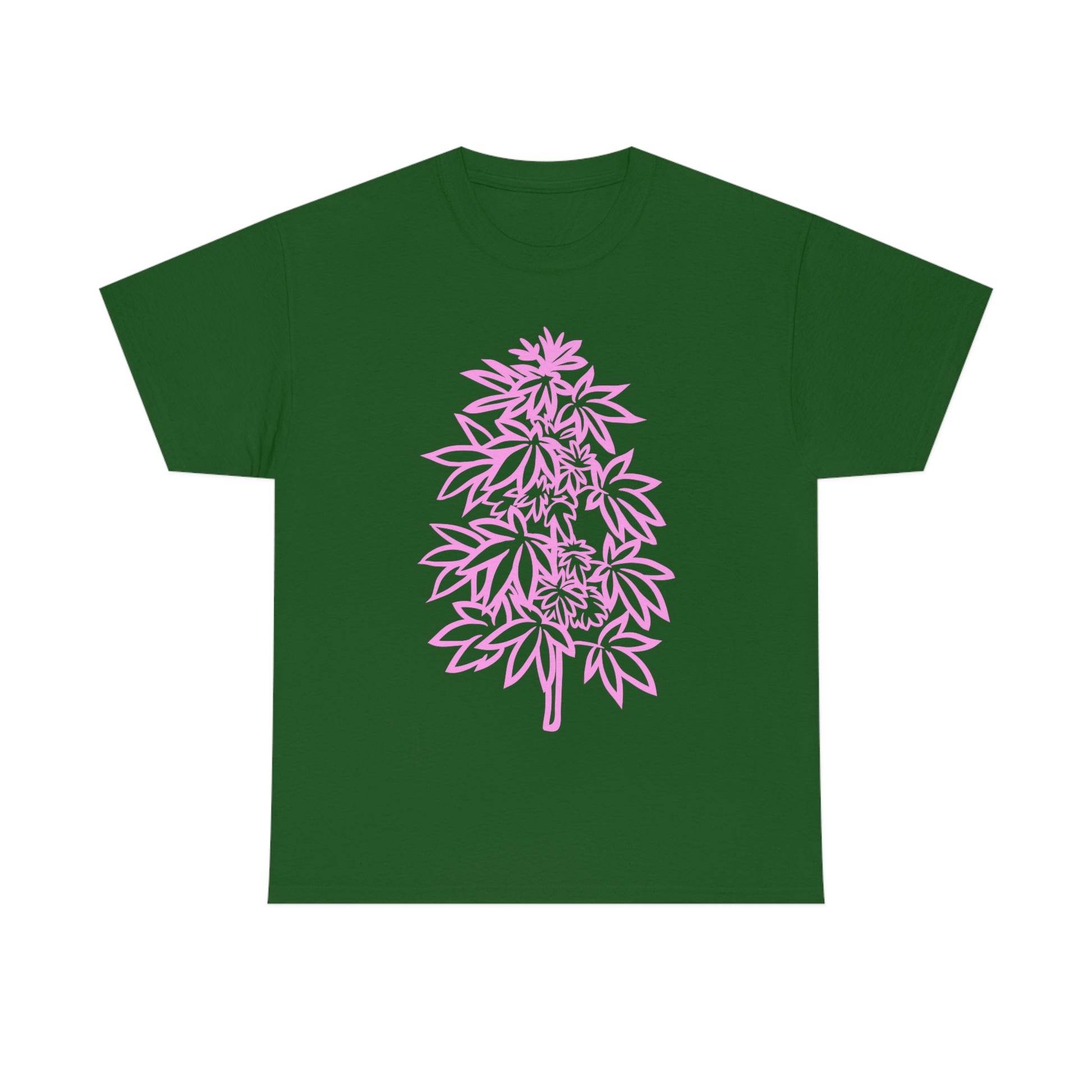 a green Pink Cannabis Flowers Tee with a pink marijuana leaf on it.