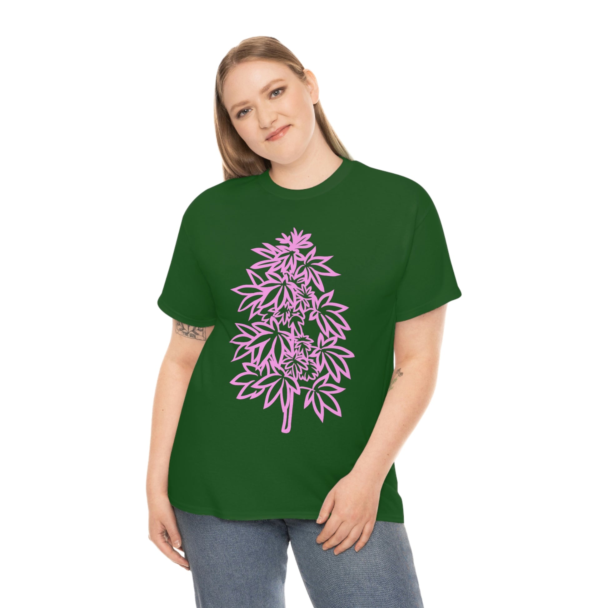 A woman wearing a Pink Cannabis Flowers Tee with a pink flower on it.