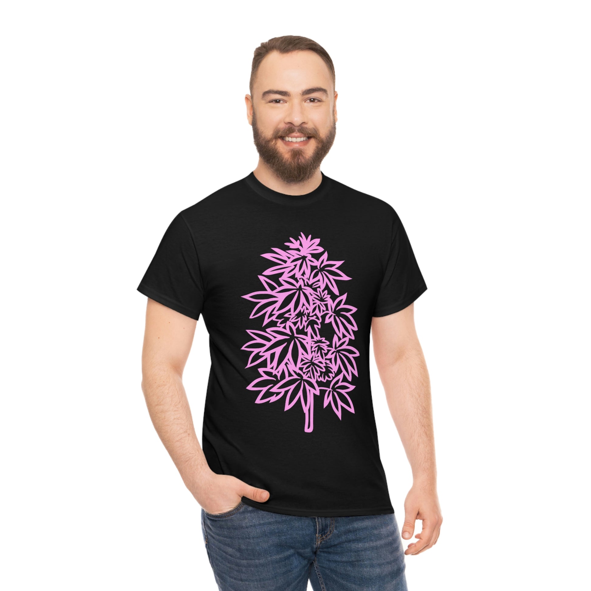 a man wearing a black t-shirt with a Pink Cannabis Flowers Tee on it.