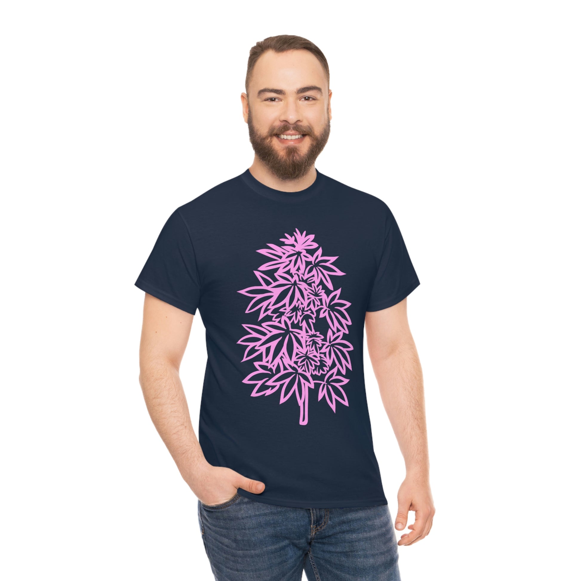 a man wearing a Pink Cannabis Flowers Tee with a pink marijuana leaf on it.