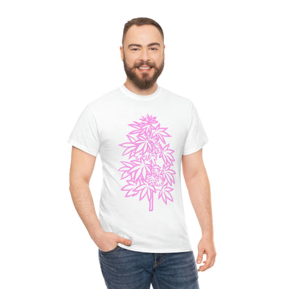 A man wearing a Pink Cannabis Flowers Tee.